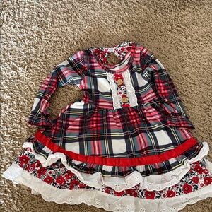 Girls Red & Navy Plaid Ruffle Dress with Floral Trim
